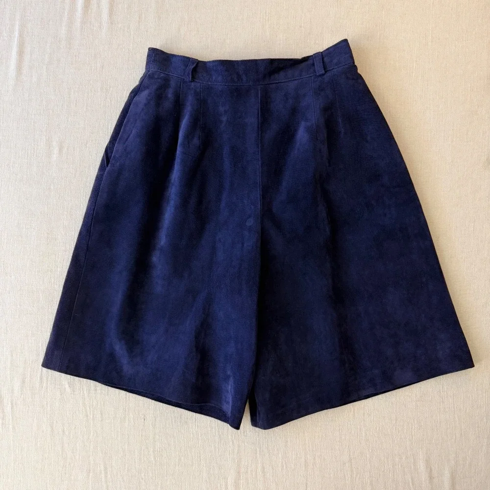 Kenar Vintage 90s High Waisted Suede Leather Pleated Shorts Women 4 Navy Blue